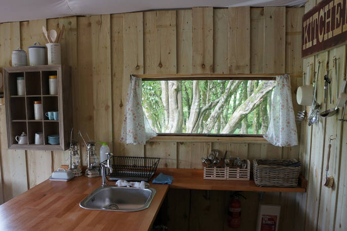 Enjoy beautiful woodland views through your kitchen window at Northcott safari tent, Berridon Farm, Devon