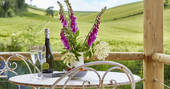 A bottle of prosecco and glasses sit on the outside table at Brownscombe cabin with front row seats of rolling Devon countryside