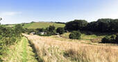 Rolling Devon countryside and view out across Brownscombe Luxury Glamping and safari tents