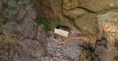 Aerial view of the beach hut showing the steep path down