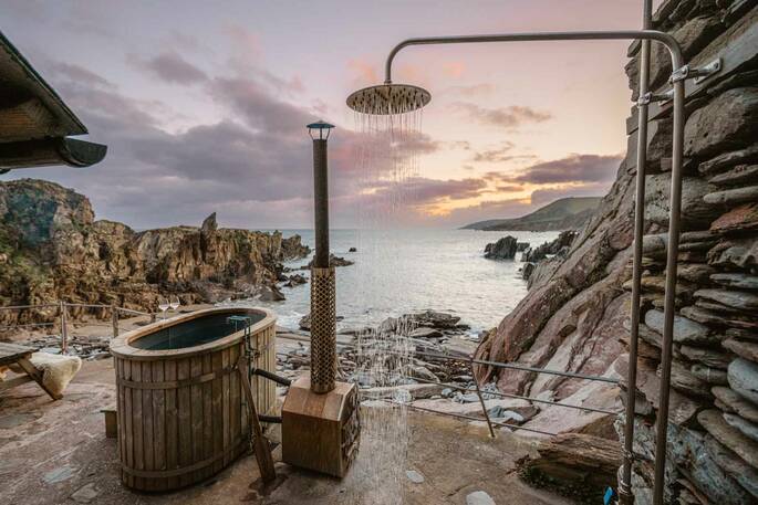 Outdoor shower and wood-fired hot tub