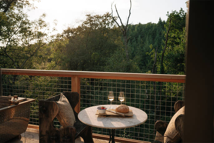 Outdoor seating for two overlooking the woodland
