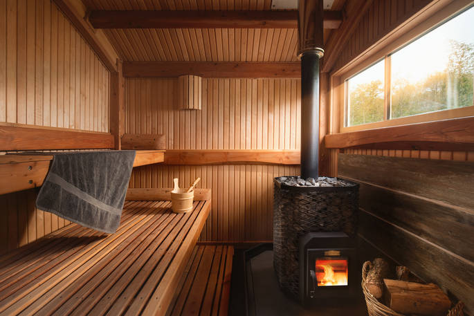Inside the luxury sauna hut at Devon Dens in Devon