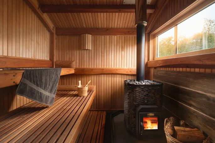 The Devon Den cabin sauna interior, Germansweek, Devon