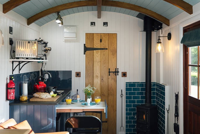 Elsie May interior - kitchen area, Torrington, Devon