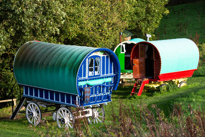 The colourful wagons at Vintage Vardos in Devon
