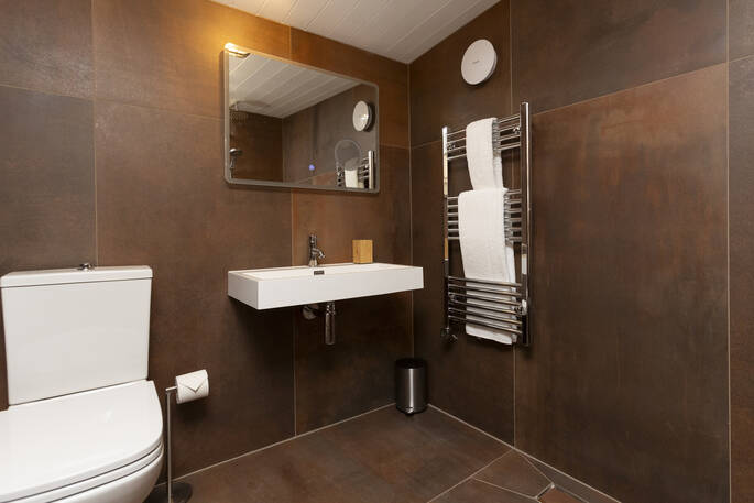 Bathroom with a flushing toilet, sink and walk in shower