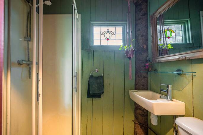 Bathroom with a hot shower, sink and flushing toilet