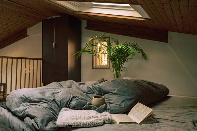 Mezzanine upstairs with a king size bed