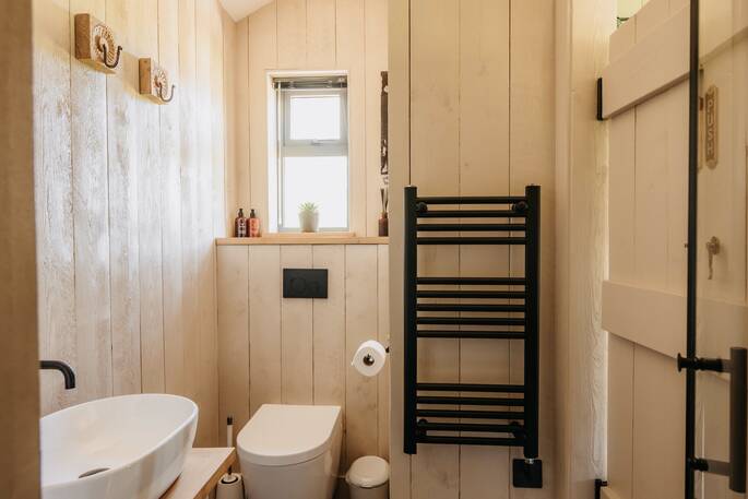 Bedroom with a shower, sink and flushing toilet