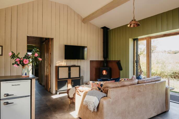 living area has a tv, sofa and wood burner