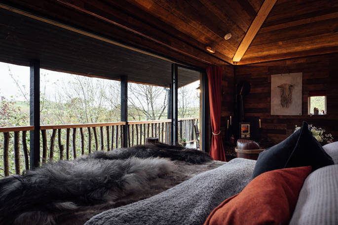 Yggdrasil Treehouse - view from the bed, Harebelles at Morebath, Devon