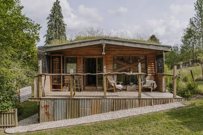 Hill's Cross Hide cabin exterior, Honiton, Devon, England,,,