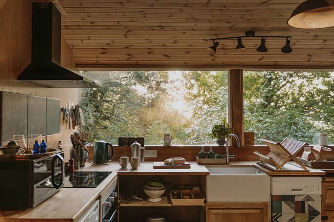 Hill's Cross Hide cabin view from the kitchen, Honiton, Devon, England