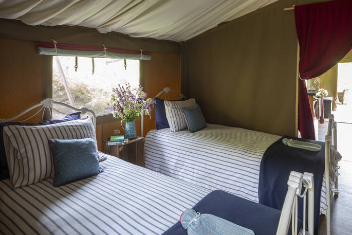 Single beds at Longlands safari tents at Combe Martin, North Devon