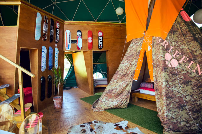 Inside Hartland Pod at Loveland Farm, with its indoor tipi and quirky decor
