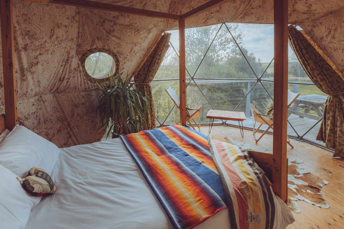 Popla Pod geodome view from the bed, Loveland Farm at glamping, Hartland, Devon