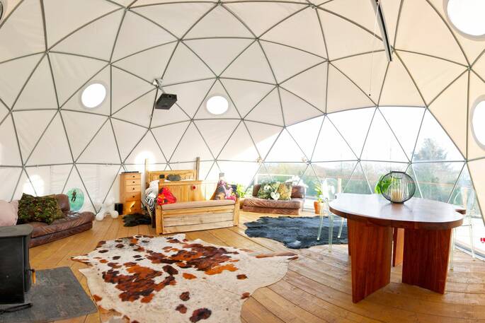 The Loveland Pod geodome open plan interior, Hartland, Devon