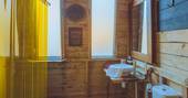 Welcombe Pod geodome bathroom with shower, Loveland Farm at glamping, Hartland, Devon