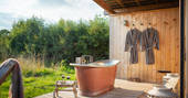 Holly Water Cabin bath tub and robes, Crediton, Devon