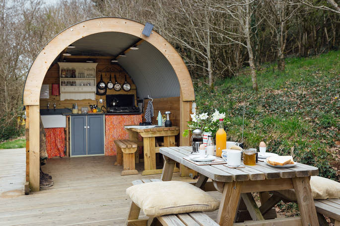 Goldfinch caravan kitchen area, glamping, near Launceston, Cornwall, England