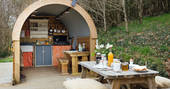 Goldfinch caravan kitchen area, glamping, near Launceston, Cornwall, England