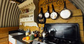 Goldfinch caravan kitchen, glamping, near Launceston, Cornwall, England