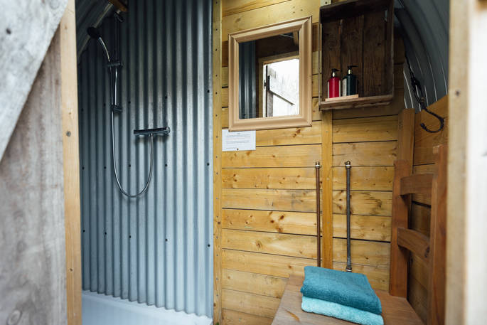 Goldfinch caravan shower room, glamping, near Launceston, Cornwall, England