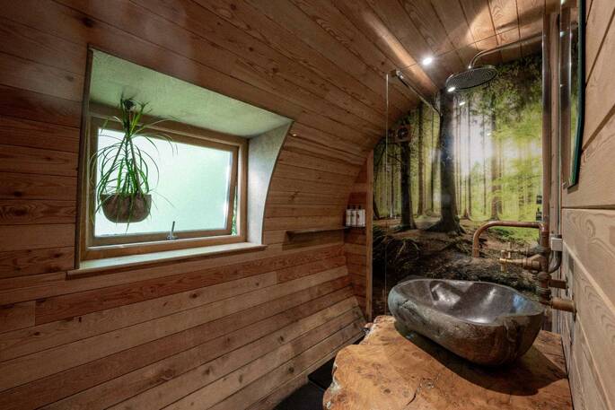 Bathroom with a hot shower, sink and flushing toilet