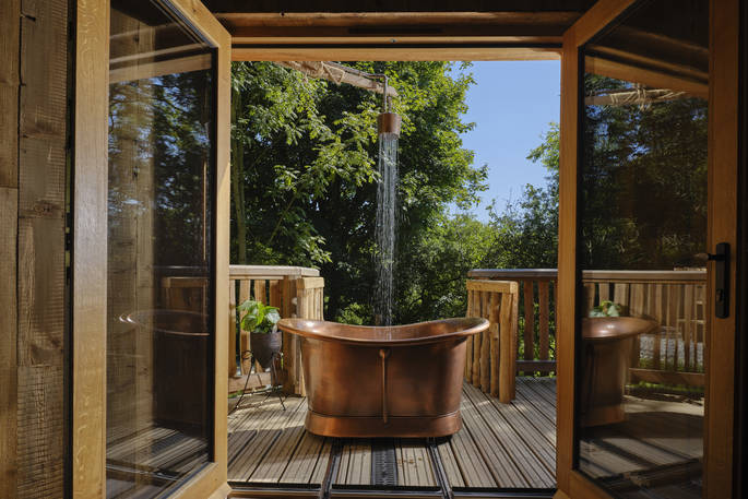 Hideout Treehouse view to copper hot tub from inside, Hartland, Devon