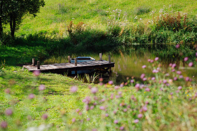 The lake, the wild flowers and the boat at Southcombe Piggery, Dartmoor, Devon