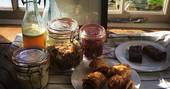 A breakfast feast of cereals, pastries and fresh juice at Fleur's Retreat in Devon