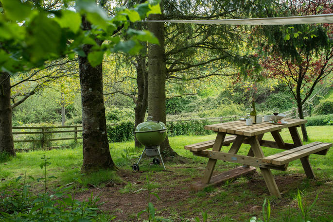 The outdoor space with BBQ and picnic bench at Fleur's Retreat in Devon