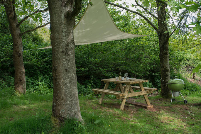 The outdoor space with canopy, picnic bench and BBQ at Fleur's Retreat in Devon