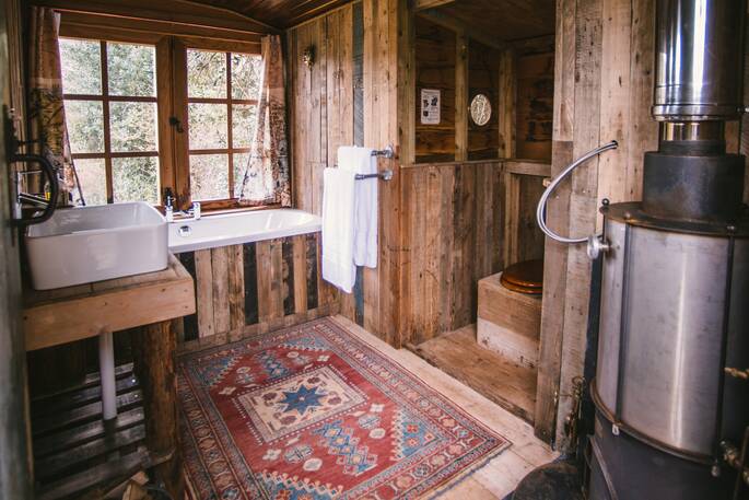 Interior of the Bathing Wagon at The Wood Life in Devon