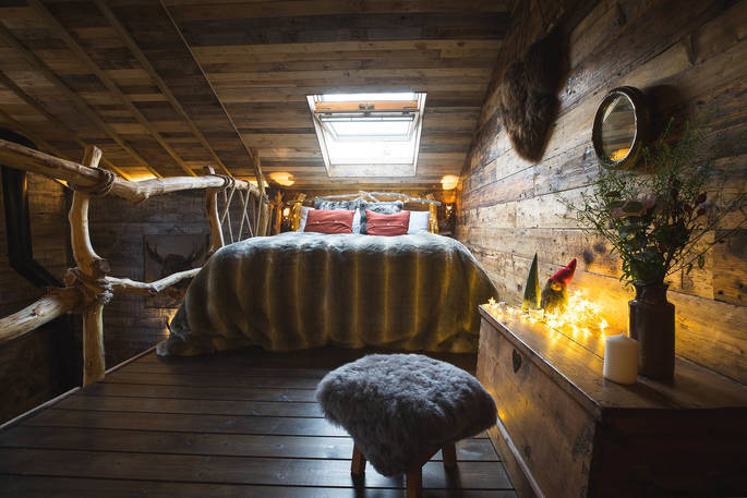 Ursabear cabin double bed on the mezzanine, Morebath, near Bampton, Mid Devon