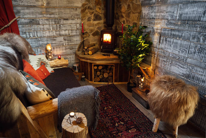 Ursabear cabin living room with wood burner, Morebath, near Bampton, Mid Devon