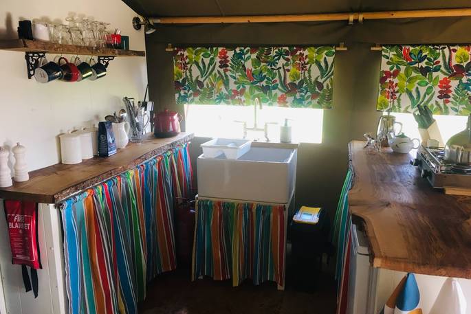Bright colours of spring with the interiors at Taw safari tent in Devon