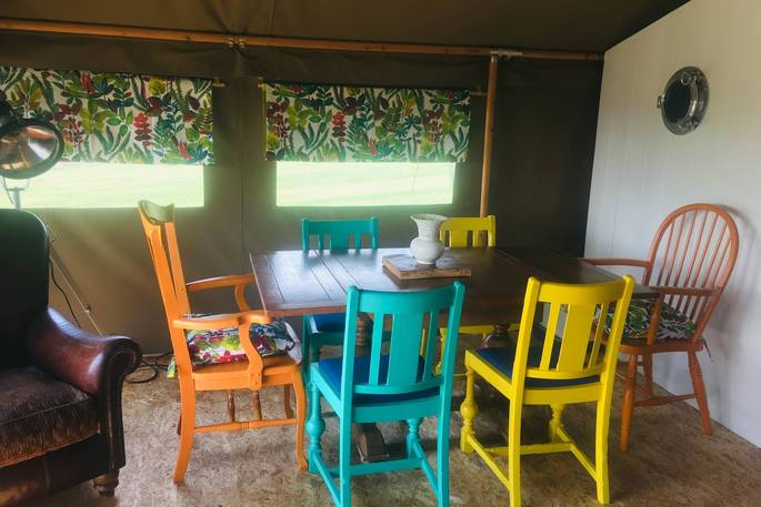 Funky furniture at Taw safari tent in Devon