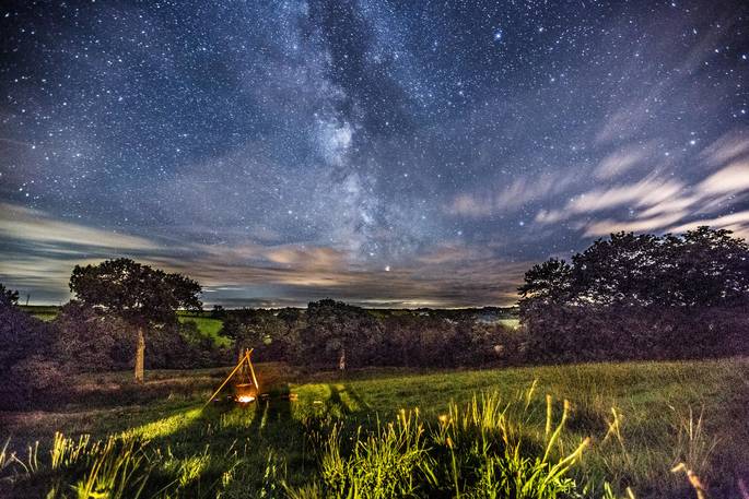 The starry evening night sky at Welcombe Meadow in Devon