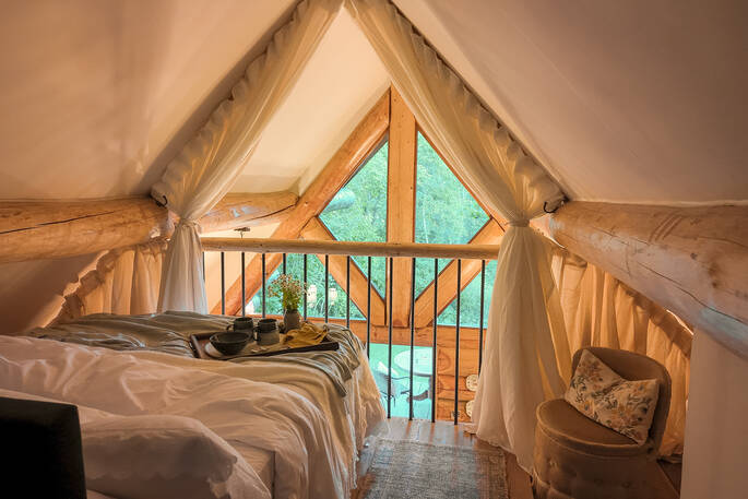 Double bed up on the mezzanine