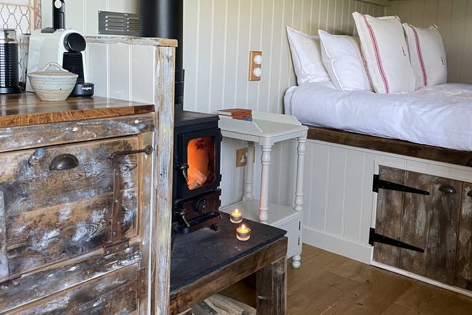 Leonora shepherd's hut wooden burner, Ash Farm, Stourpaine, Dorset