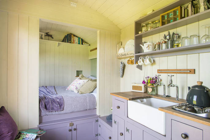 Happy Hare Shepherd's hut kitchen, Sturminster Newton, Dorset