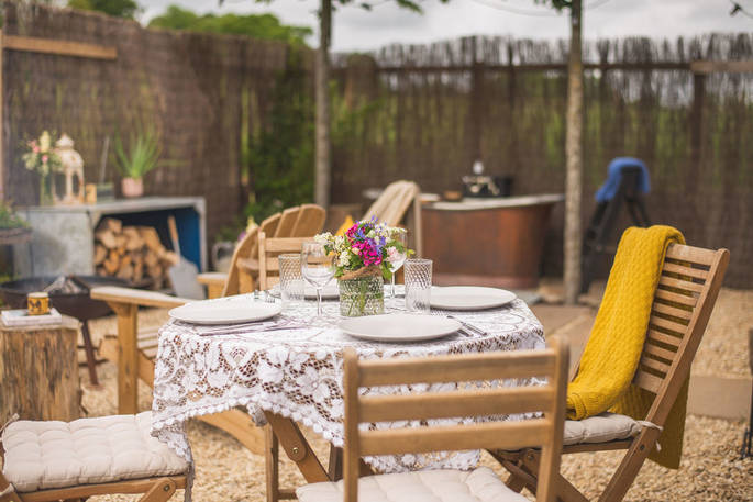 The Heron cabin outdoor dining table, Sturminster Newton, Dorset