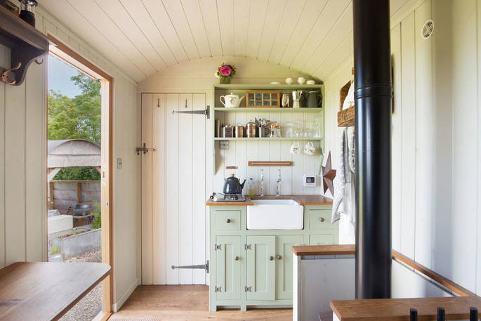 The Pleasant Pheasant Shepherd's hut kitchen, Sturminster Newton, Dorset