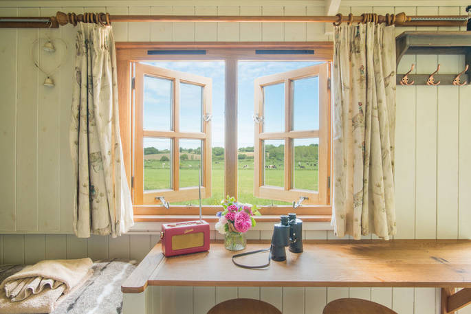 The Pleasant Pheasant Shepherd's hut view from the window, Sturminster Newton, Dorset
