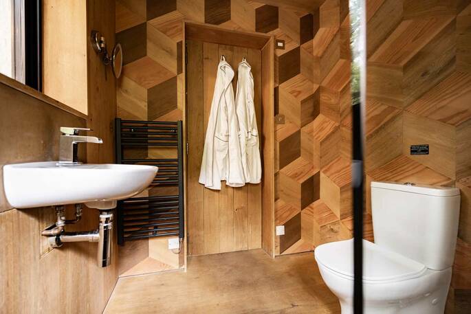 15 - Bathroom with a flushing goitler, shower and sink