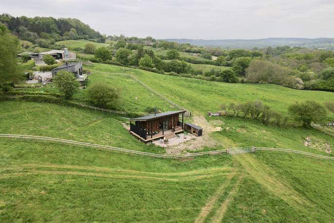 Silent Owl cabin drone view, Red Kite Lodge at Shaftesbury, Dorset