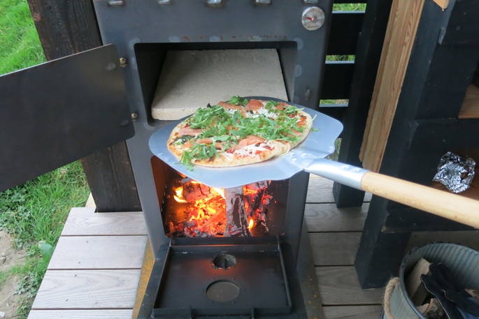 Silent Owl cabin wood fire pizza oven, Red Kite Lodge at Shaftesbury, Dorset