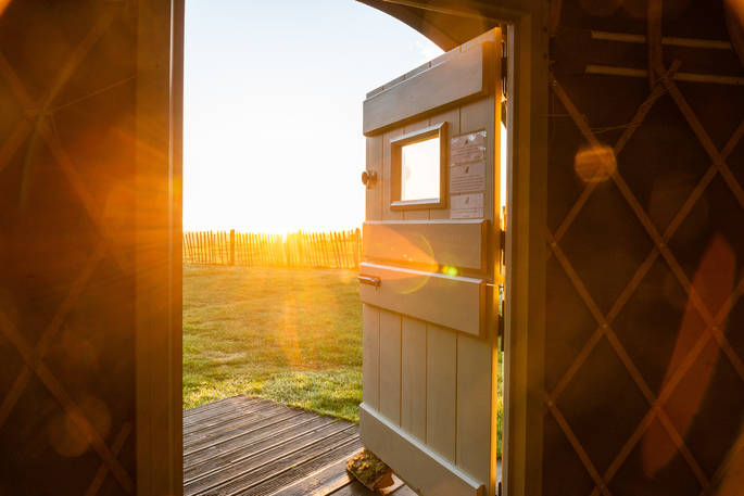 Brickles Camp sunset viuew from yurt, Stock Gaylard, Sturminster Newton, Dorset
